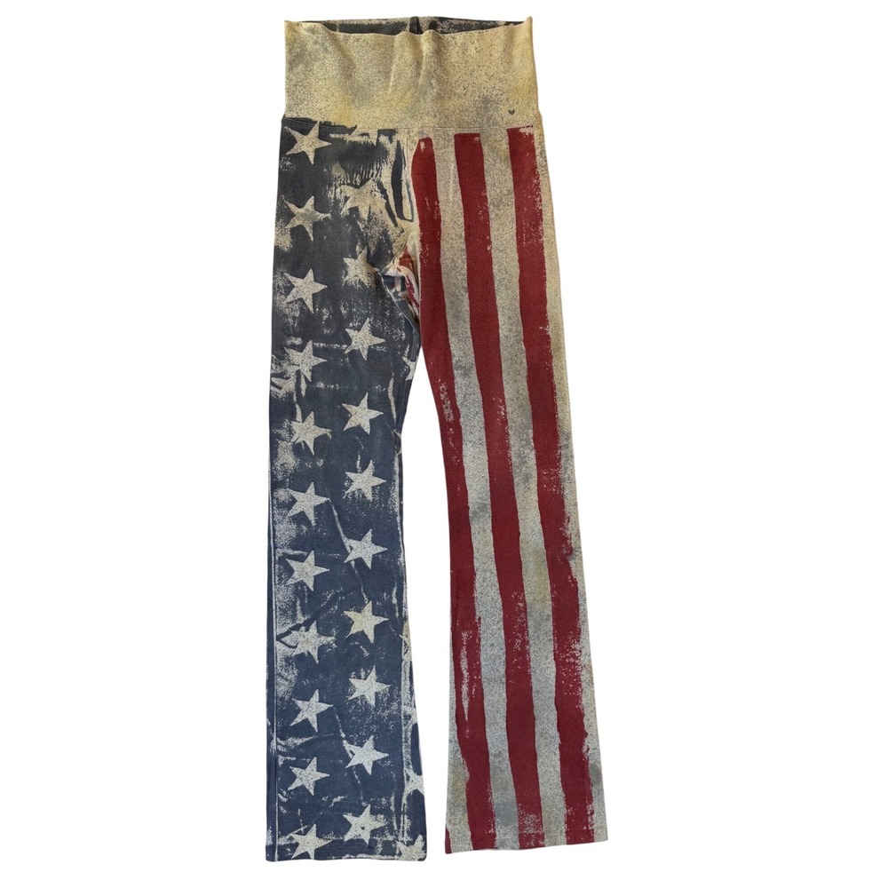 T Party American Flag Flare Yoga Pants Red White Blue Distressed CJ75163 Small